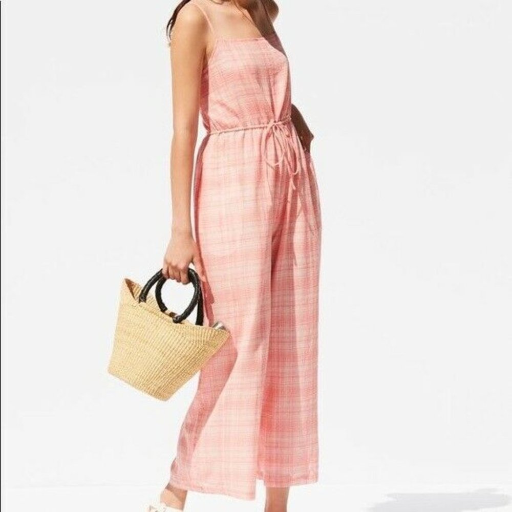 UO peach Audra gingham plaid tie waist jumpsuit